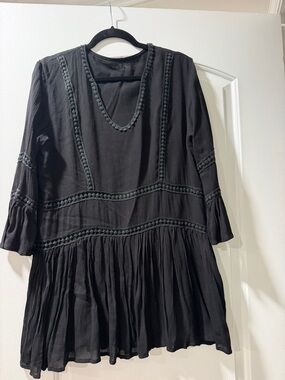 Flowy Black Boho Tunic with Crochet Trim
